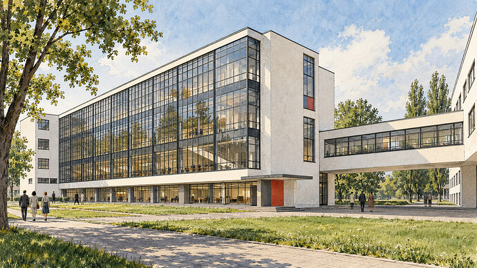 Bauhaus Dessau okul binasının camlı atölye cephesini ve bağlantı köprüsünü gösteren özgün mimari illüstrasyon