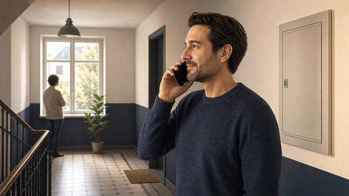 Almanya'da apartman koridorunda telefonla elektrik kesintisini bildiren bir sakini gösteren özgün AI görseli