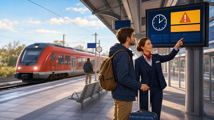 Alman tren istasyonunda gecikme ekranını görevliyle birlikte kontrol eden yolcuyu gösteren özgün AI illüstrasyonu