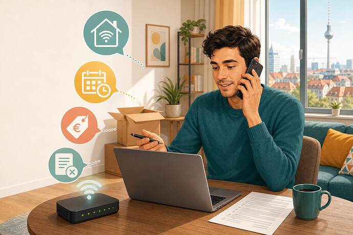 Almanya'da ev interneti sözleşmesini laptopundan inceleyip telefonla destek alan kişiyi gösteren özgün AI illüstrasyonu