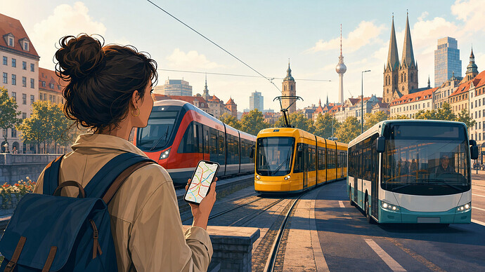 Almanya'da bölgesel tren, tramvay ve otobüsle seyahat eden yolcuyu gösteren özgün ulaşım illüstrasyonu