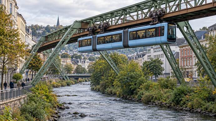 Wupper Nehri üzerinde çelik taşıyıcıya asılı mavi Schwebebahn vagonunu gösteren özgün görsel