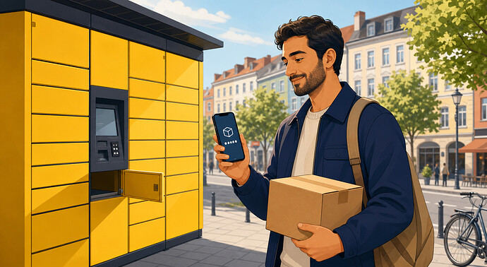 Almanya'da bir Packstation'dan paket teslim alan kişinin özgün AI illüstrasyonu