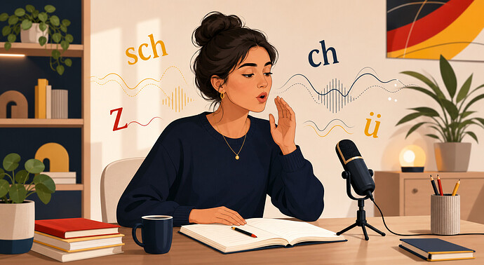 Almanca telaffuz çalışması yapan ve sch, ch, z, ü seslerini pratik eden öğrenci illüstrasyonu