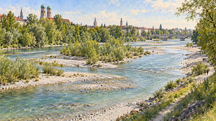 Münih'te genişleyen Isar Nehri'nin çakıllı kıyılarını, yan kollarını ve kentle ilişkisini gösteren özgün illüstrasyon